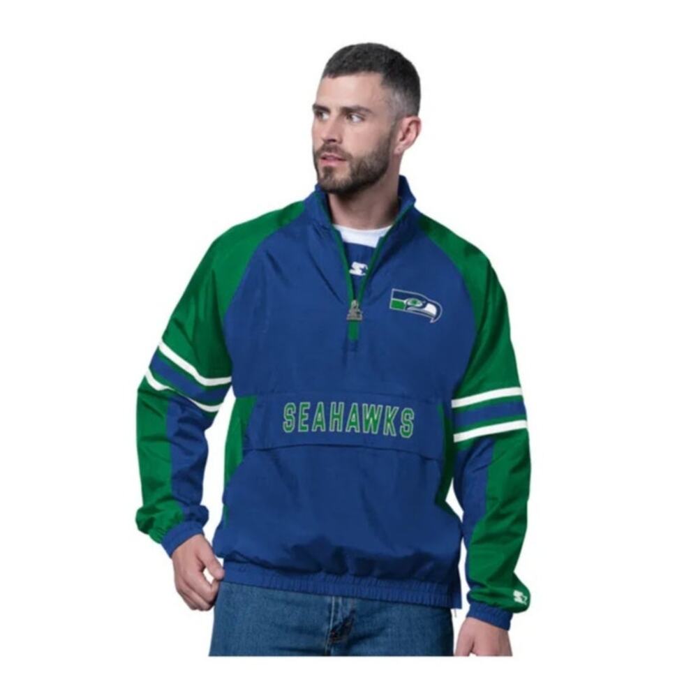 Mens Starter Royal Seattle Seahawks Vintage Logo Half zip pullover windbreaker